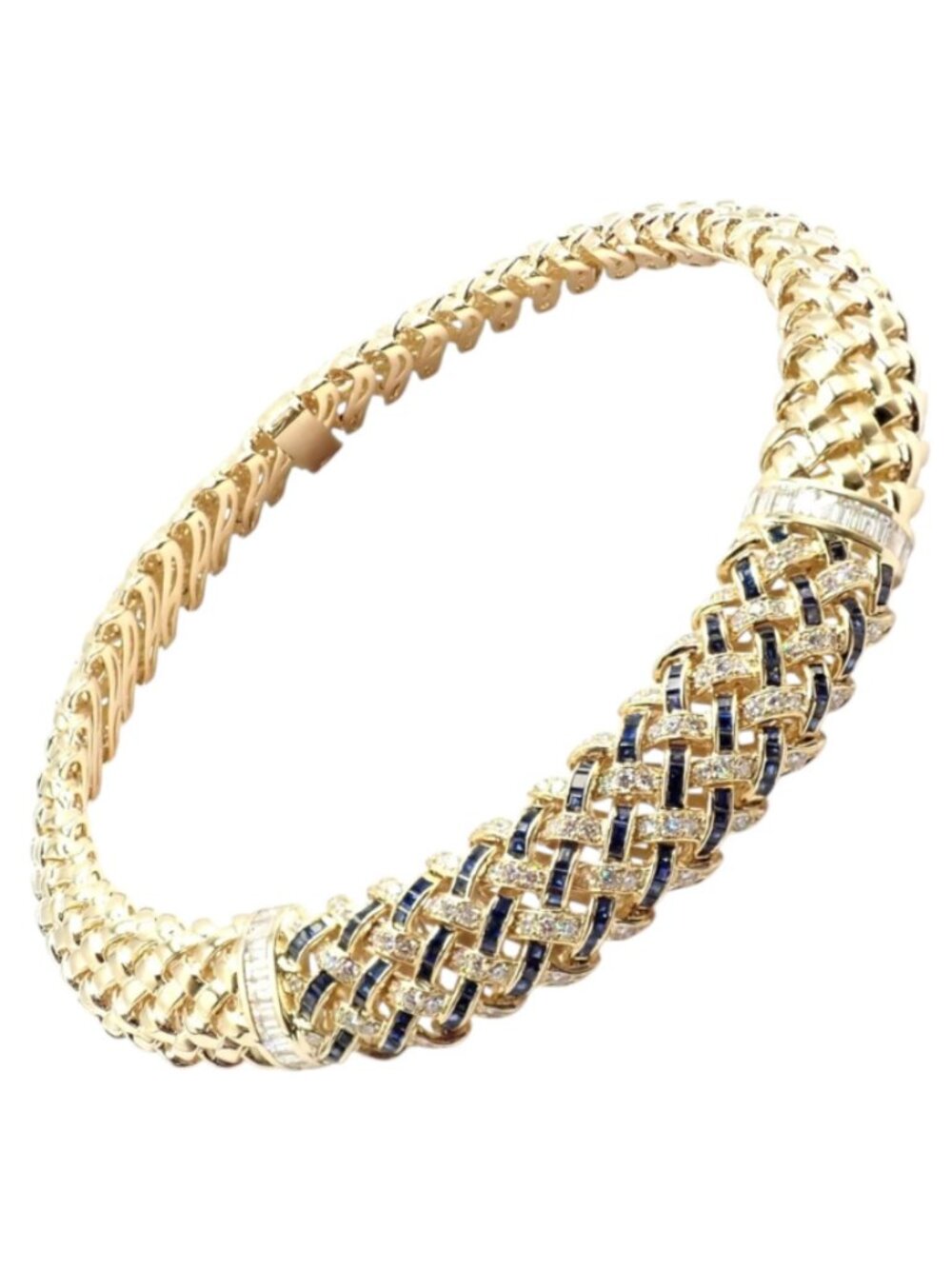Authentic Tiffany & Co Vannerie 18k Yellow Gold Diamond Sapphire Weave Necklace